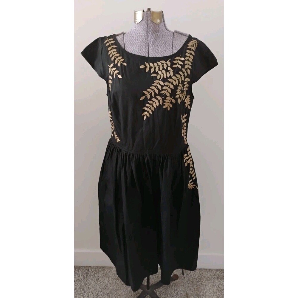 eShakti Black Cotton Dress Women's Gold Embroidery Botanical Party Occasion Sz M